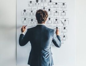 Konsult planerar kundrelationer på en whiteboard med flera kontaktprofiler