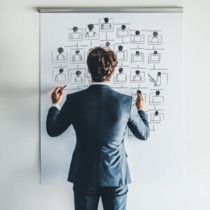 Konsult planerar kundrelationer på en whiteboard med flera kontaktprofiler