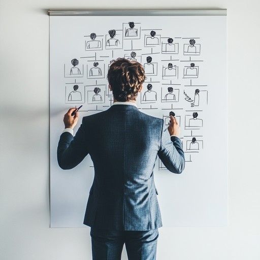 Konsult planerar kundrelationer på en whiteboard med flera kontaktprofiler